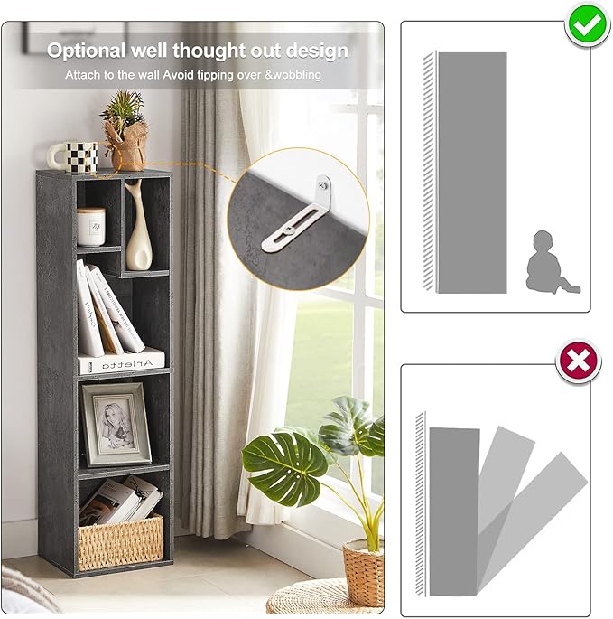 VECELO Small Bookshelf, 5 Cube Slim Bookcase, Fits Tallest Hardcovers, Horizontal Available, Modern Floor Standing Unit, Each Shelf Hold Up to 66 LBS,Modern Gray