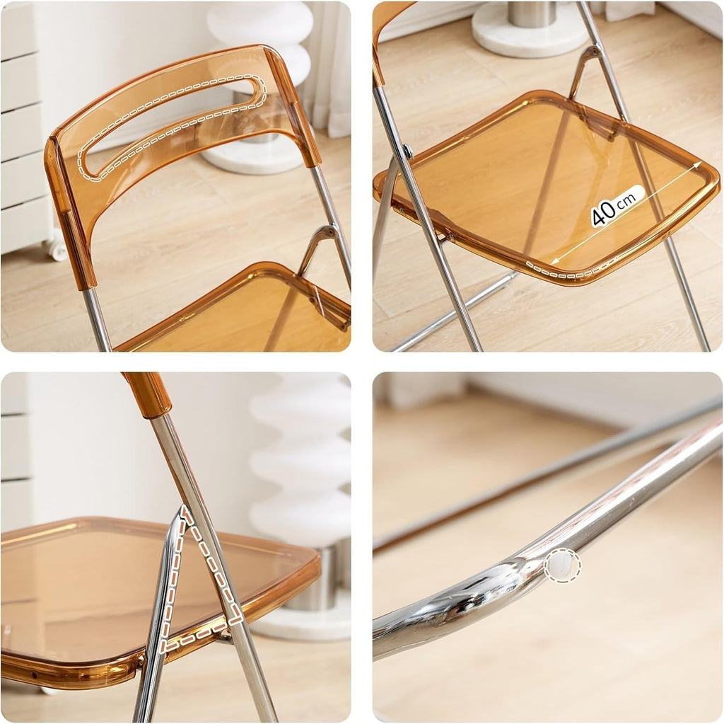 2PCS Modern Transparent Folding Chair Acrylic Folding Ghost Stackable Crystal Seat-PC Plastic Living Room(Brown)