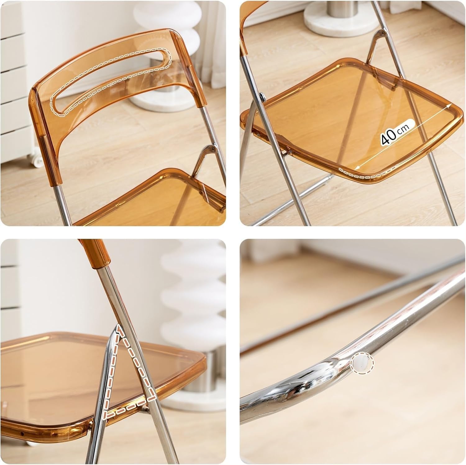 2PCS Modern Transparent Folding Chair Acrylic Folding Ghost Stackable Crystal Seat-PC Plastic Living Room(Brown)
