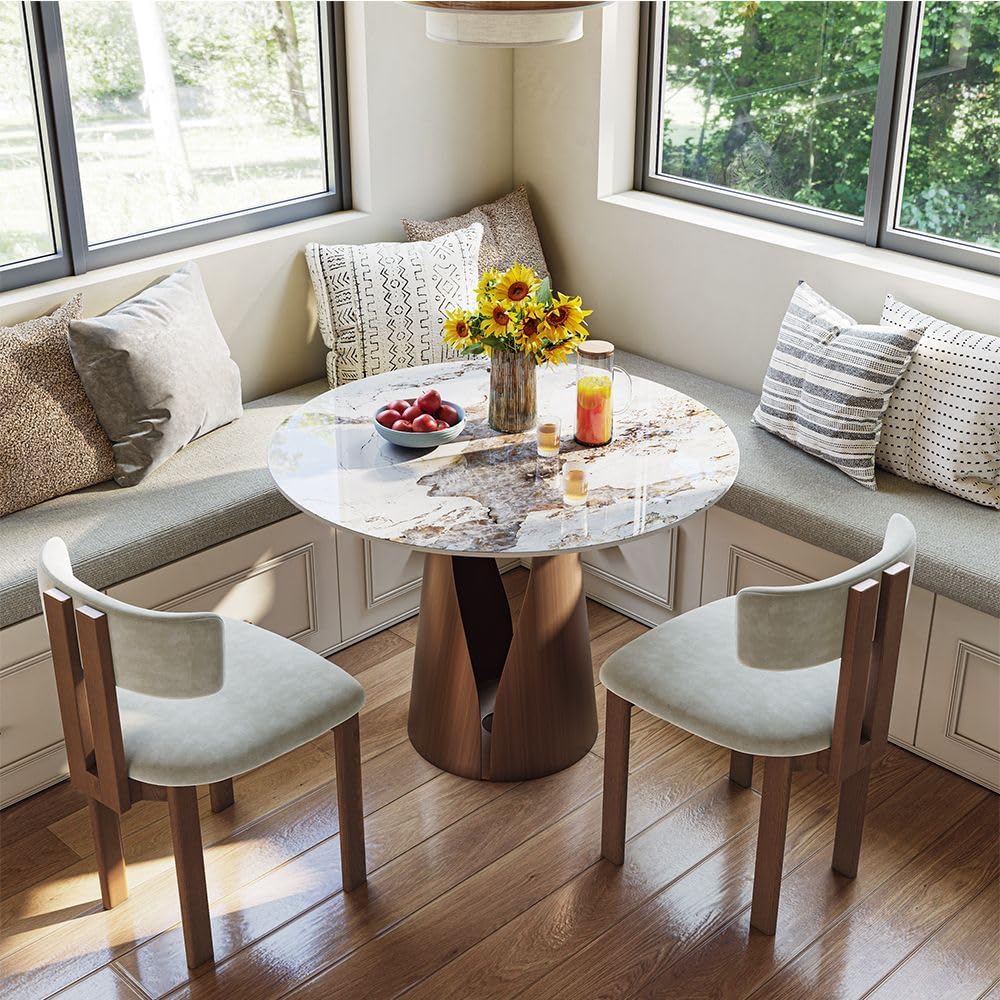 POVISON 35" Round Dining Table, Sintered Stone Top with Metal Pedestal B...