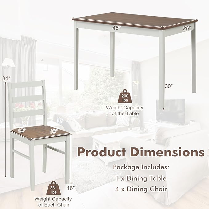 COSTWAY Dining Table Set for 4, Wood Kitchen Table Chairs Set with Rubber Wood Legs, Space-Saving Design, Modern 5-Piece Dinette Set for Small Place, Kitchen, Dining Room, Restaurant, Brown