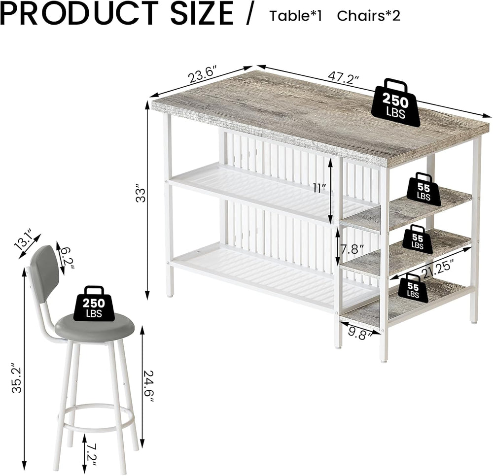 DKLGG 3 Piece Dining Table Set for 2,Kitchen Island with Seating & Storag...