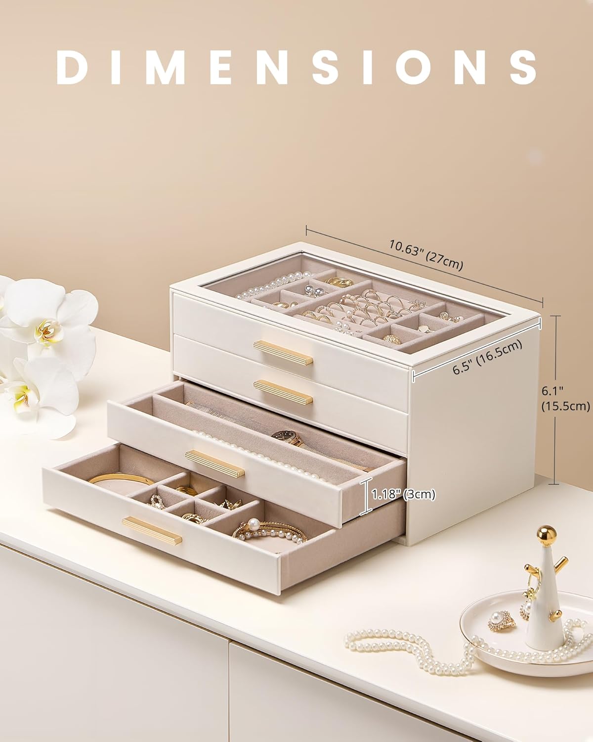 Lolalet Jewelry Box Organizer, 4-Layer Jewelry Organizers and Storage Case with Glass Lid, Ring Earring Bracelet Necklace Holder Organizer, Birthday Christmas Gifts for Women Girls -4Layer, Beige