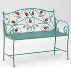 DIBRATY Rose Metal Entryway Bench, 2-Seater Vintage Foyer Bench, Blue | Garden Bench, with Scroll Armrest & Rose Leaf Pattern Backrest, Retro Distressed, for Porch, Living Room