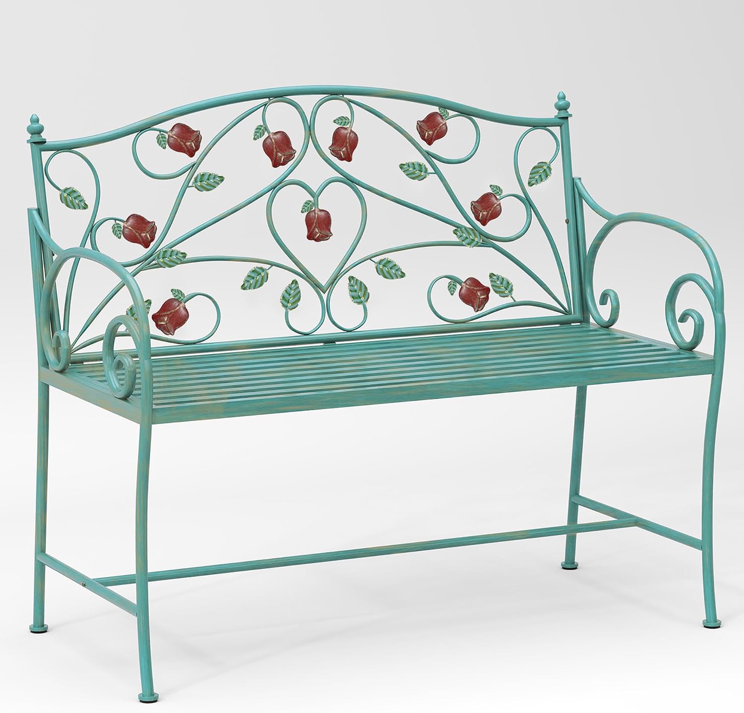 DIBRATY Rose Metal Entryway Bench, 2-Seater Vintage Foyer Bench, Blue | Garden Bench, with Scroll Armrest & Rose Leaf Pattern Backrest, Retro Distressed, for Porch, Living Room