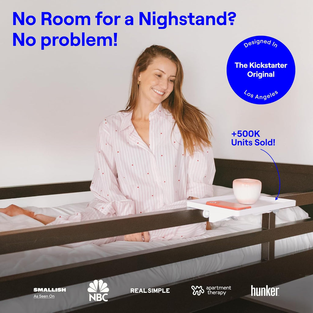 BedShelfie Bedside Shelf for Dorm Room Bunk Bed & Top Bunk, College Dorm Room Essentials, Bedside Caddy, Clip on Floating Desk Tray, Bed Side Table Storage, Loft Nightstand Decor - Cable Catch, White