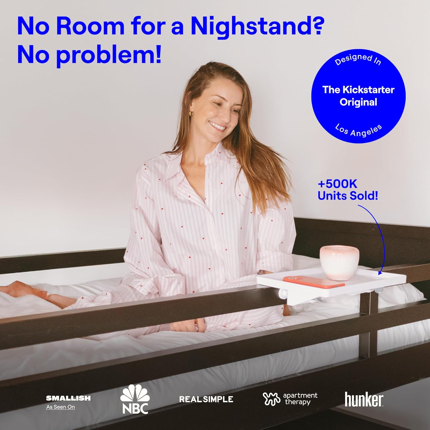 BedShelfie Bedside Shelf for Dorm Room Bunk Bed & Top Bunk, College Dorm Room Essentials, Bedside Caddy, Clip on Floating Desk Tray, Bed Side Table Storage, Loft Nightstand Decor - Cable Catch, White