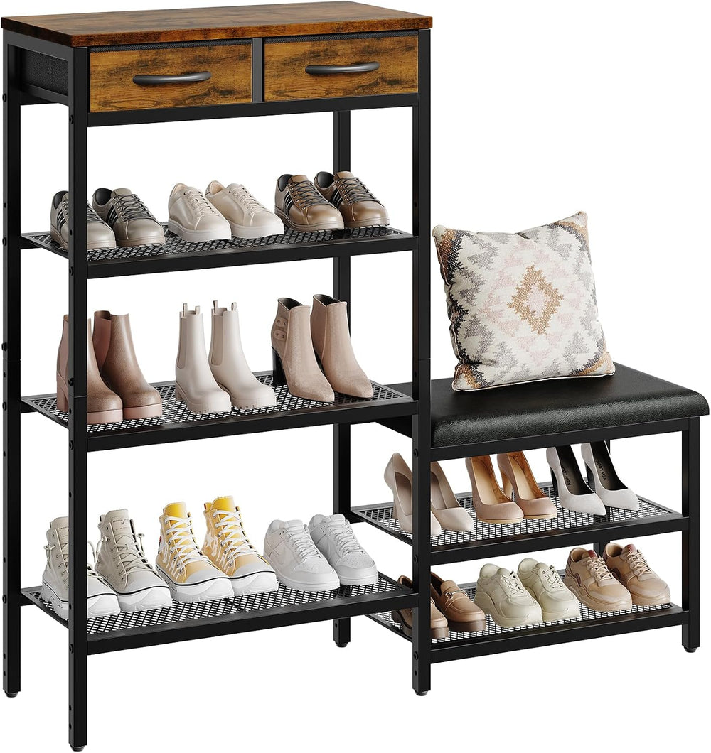 HavenlyYouth Shoe Rack Bench Cushioned with 2 Drawers & 5-Tier Entryway O...