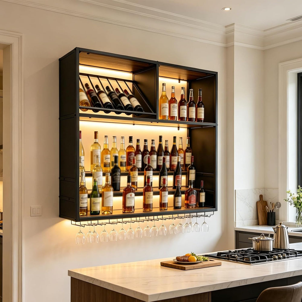 63in Large Wall Mounted Wine Rack with LED Lights, Metal & Wood Floating ...