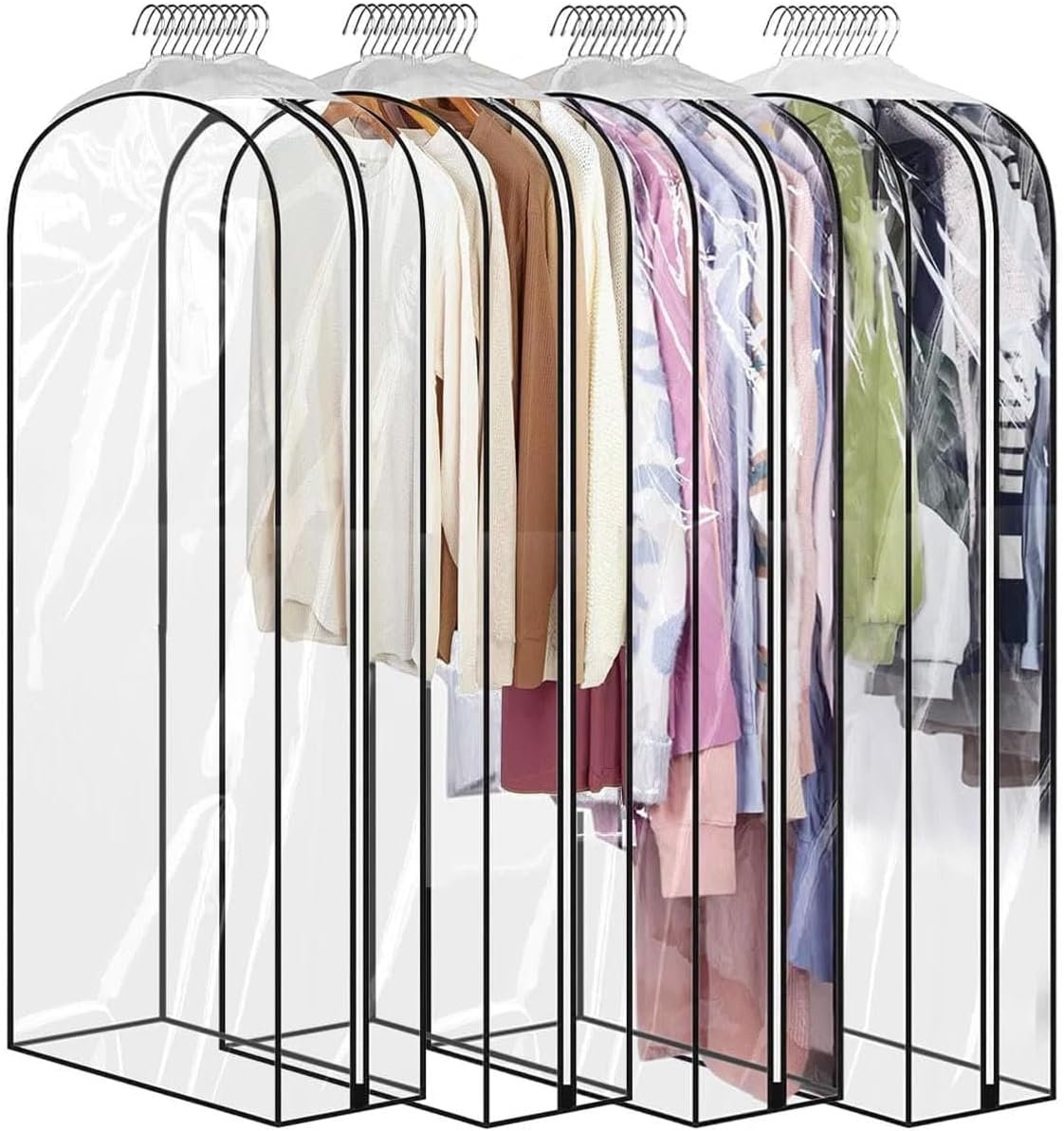 50" Clear Clothes Hangers with Smooth Side Zipper, 10" Gusseted Waterproof Garment Bags for Shirts, Coats, Dresses, Suits, 4 Pack