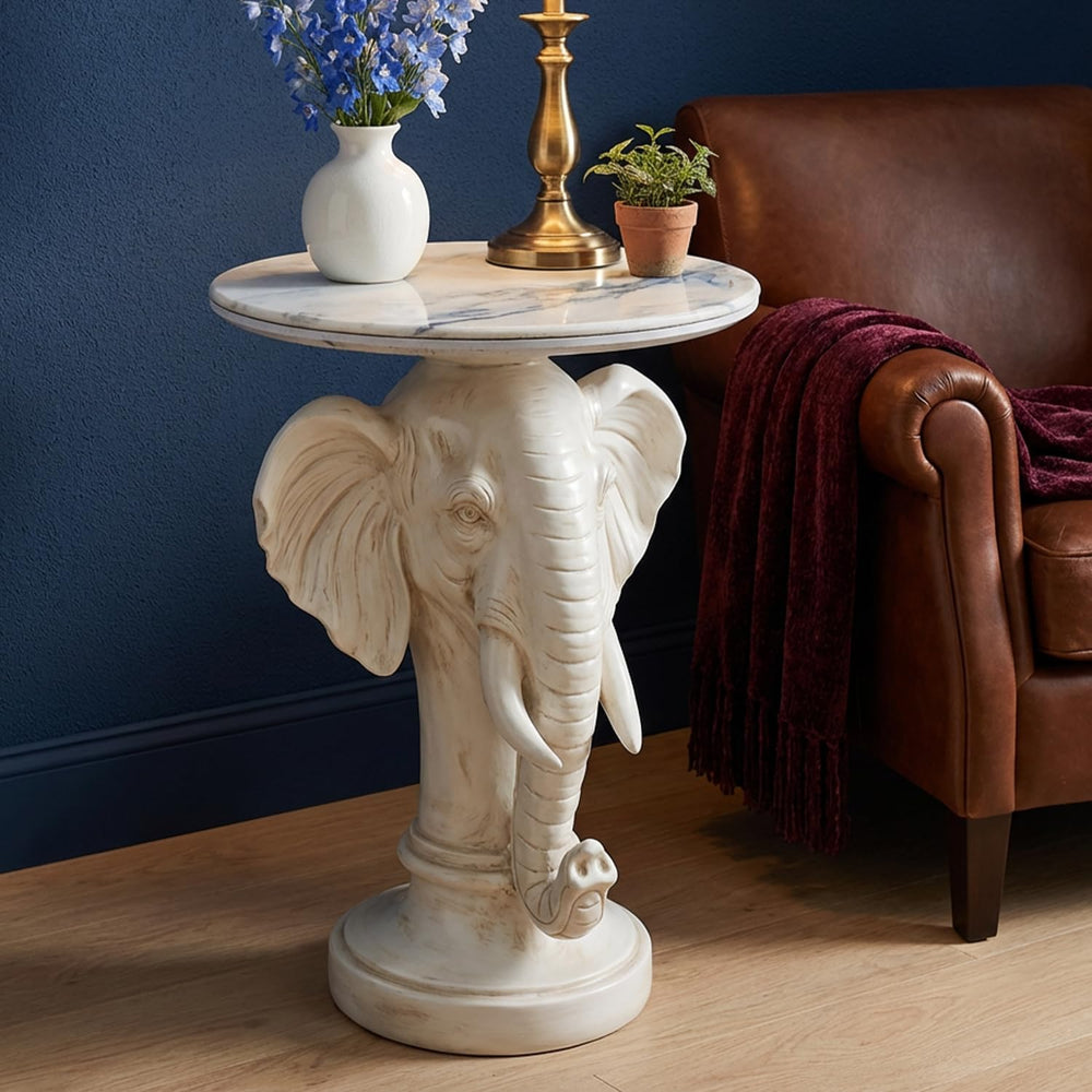 Elephant End Table – 25.98in Tall Artificial Marble Top Decorative Accent Tab...