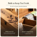 Handmade Acacia Wood Tea Organizer, 4 Compartment Tea Caddy Box with engraving