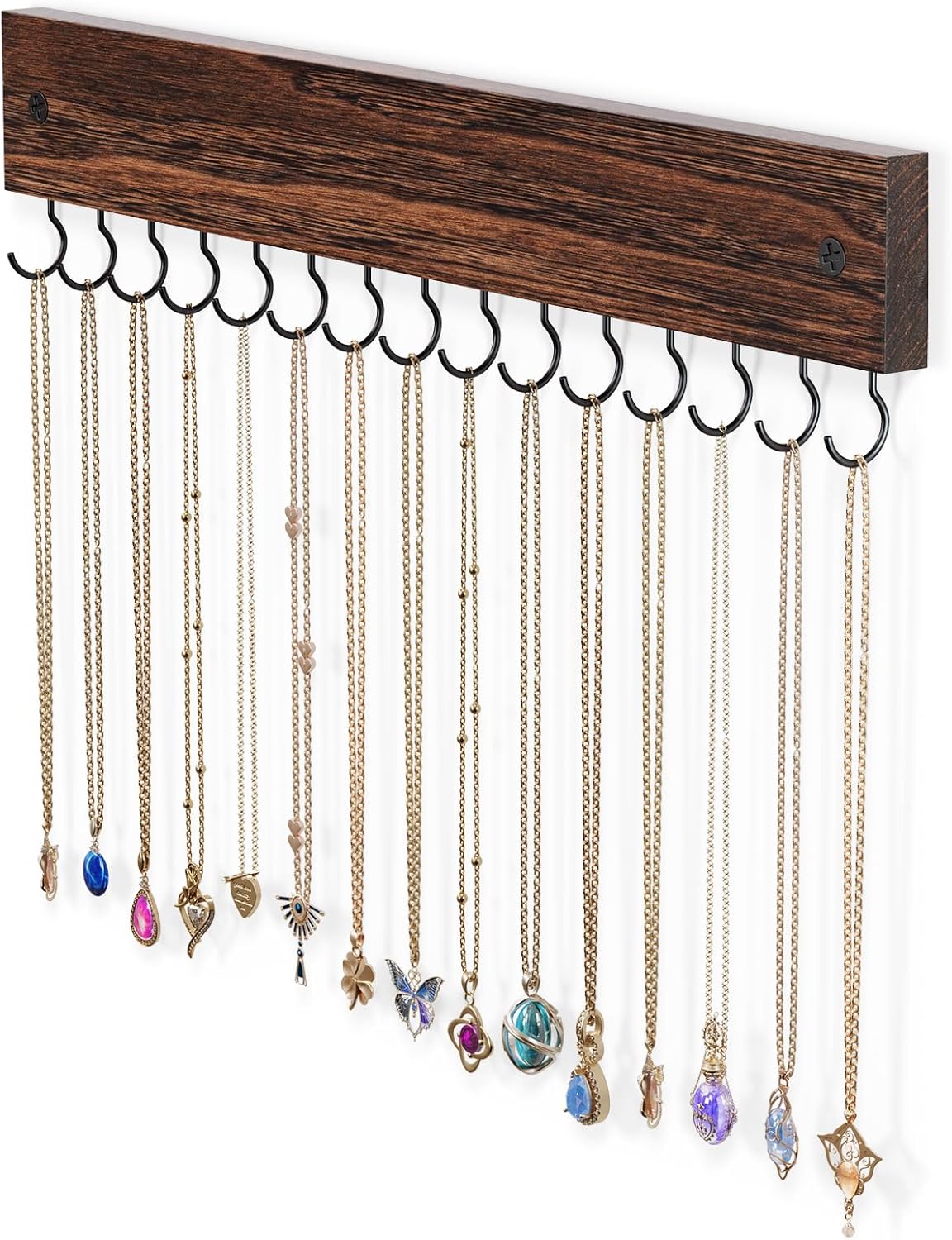 Lolalet Wooden Necklace Holder for Wall with 15 Hooks, Necklaces Hanger Easy Install Wall Mount Necklace Organizer, Jewelry Hangers for Chains, Bracelets, Earrings -Brown