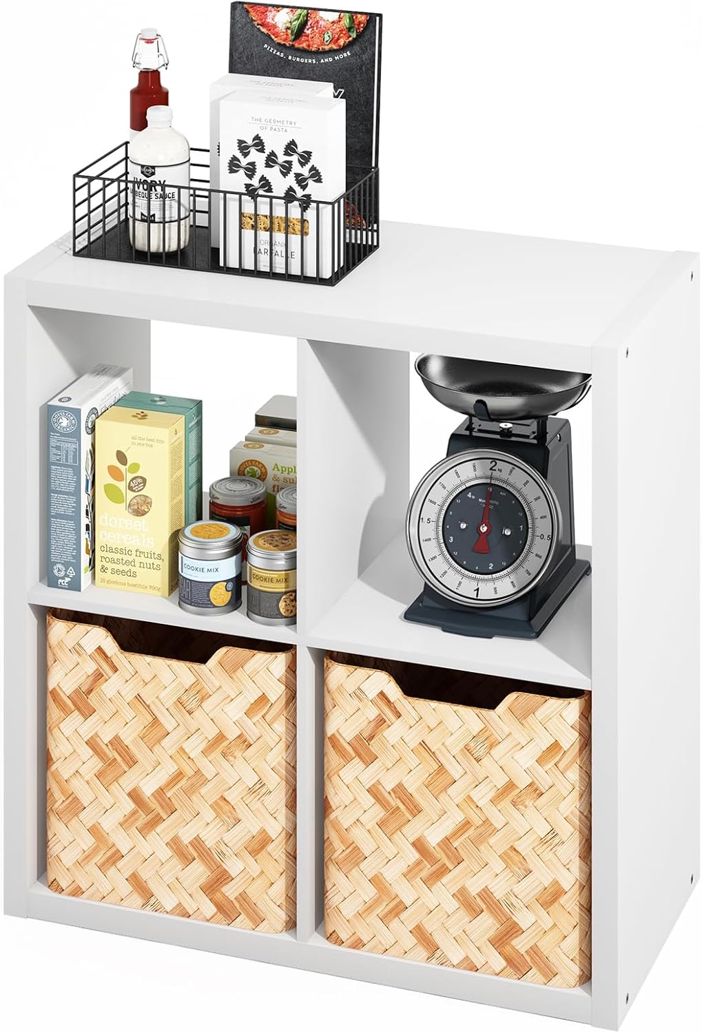 Furinno Hermite 4-Cube White Coffee Bar, Kitchen Island, Kitchen Storage, Bakers Rack, for Pantry Organizers and Storage, Kitchen Organization, Plain White