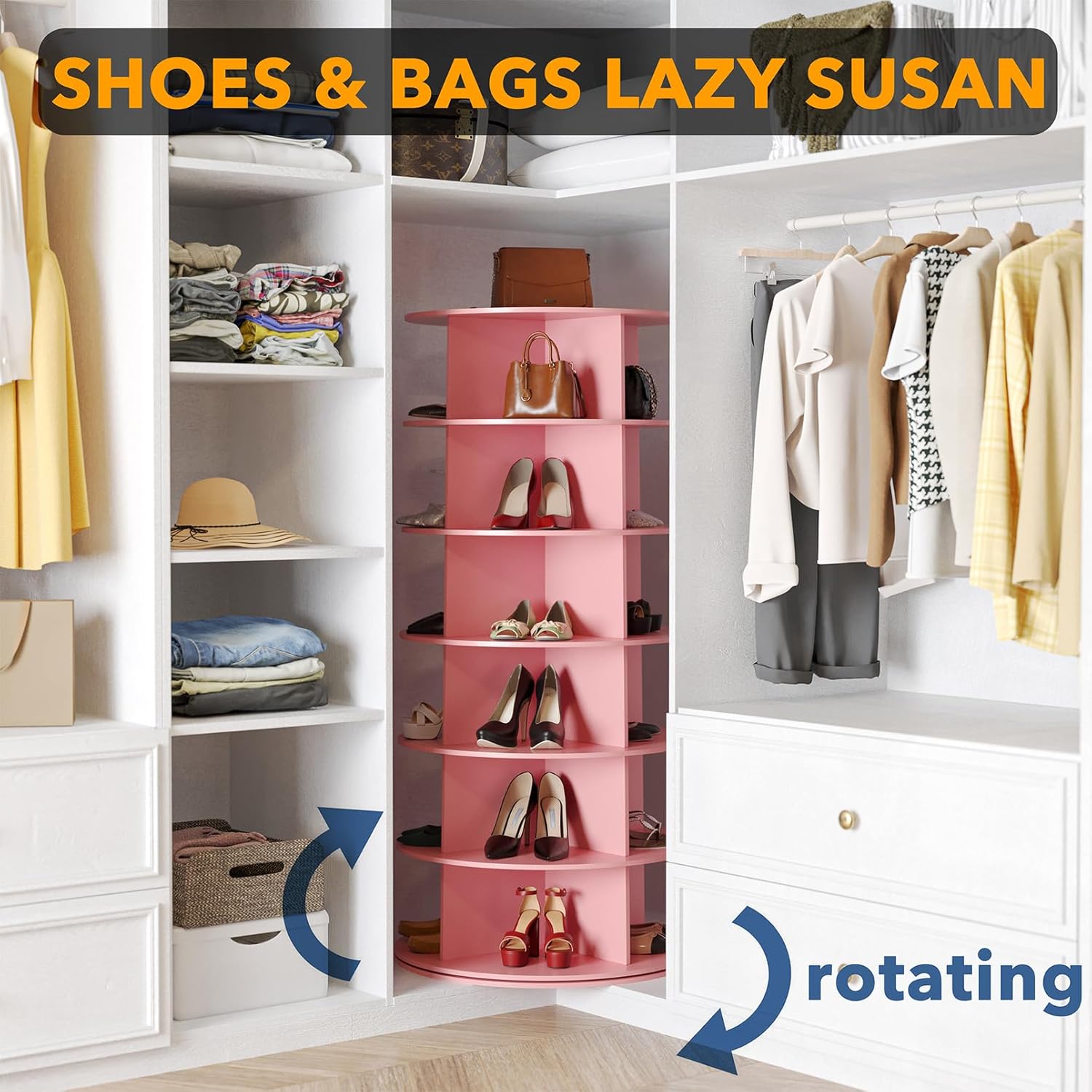 SpaceAid 6 Tier Rotating Shoe Rack Tower, Spinning Shoe Display Lazy Susan, Revolving 360 Shoe Rack Storage Round Carousel, Vertical Handbag Rotate Shoes Closet Organization (6-Tier Pink)