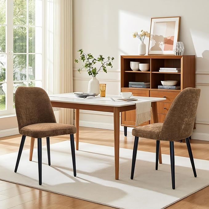 Upholstered Dining Chairs Set of 2 Modern Kitchen Chairs Chenille Fabric Dining Room Chairs High-Back Padded Dining Chairs with Metal Legs for Kitchen Dining Room Restaurant Cafe Hotel, Brown