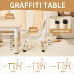 Hulaibit Kids Table and 2 Chairs Set, Height Adjustable Toddler Table and Chairs with Anti-Slip Foot Covers, Graffiti Desktop Arts & Crafts Table for Daycare, Classroom
