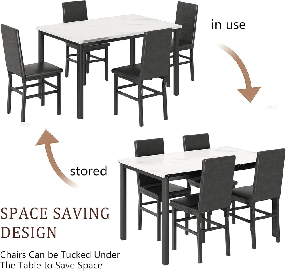 Dining Table Set for 4, 5-Piece Faux Marble Dining Set,4 Upholstered PU Chair...