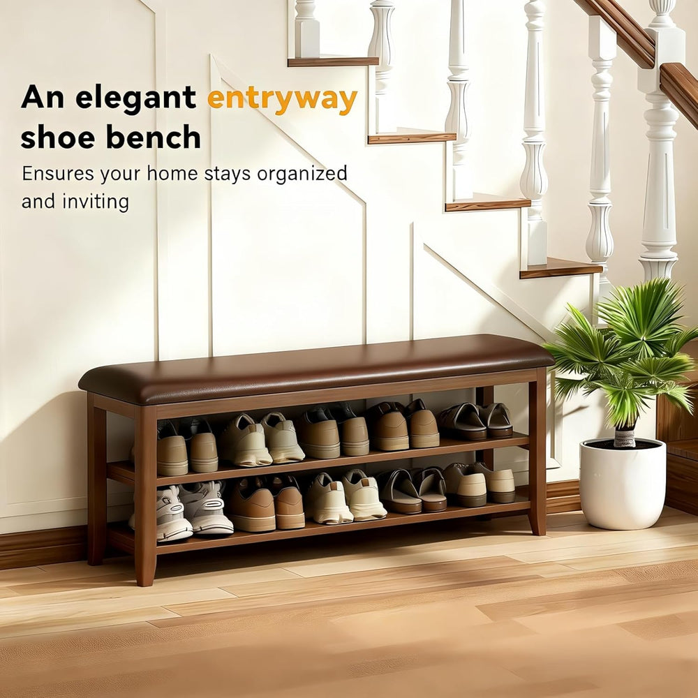 Shoe Bench Storage with Leather Cushion, Rustic Solid Wood Entryway Bench wit...