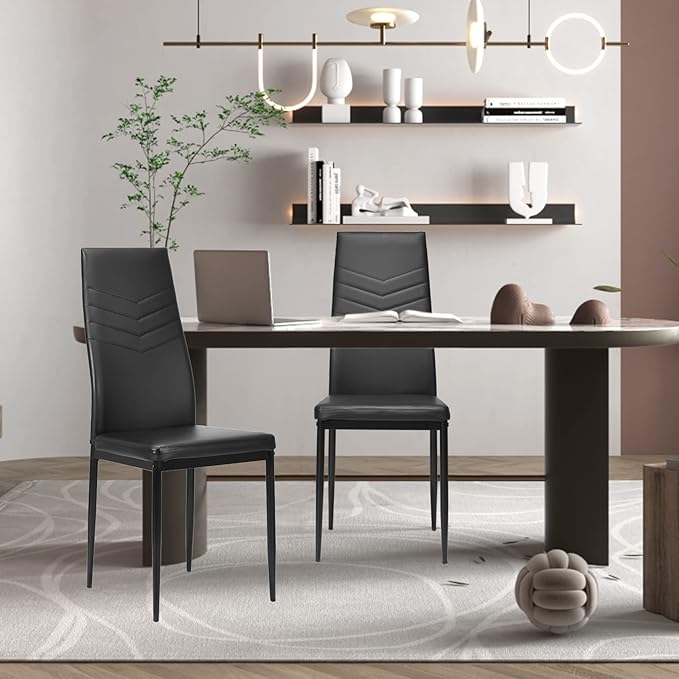ERGOMASTER Dining Chairs Set of 4 Black PVC Dining Room Modern Soft Leather Padded Living Room Side Chairs with Sturdy Metal Legs & Non-Slip Feet Pads