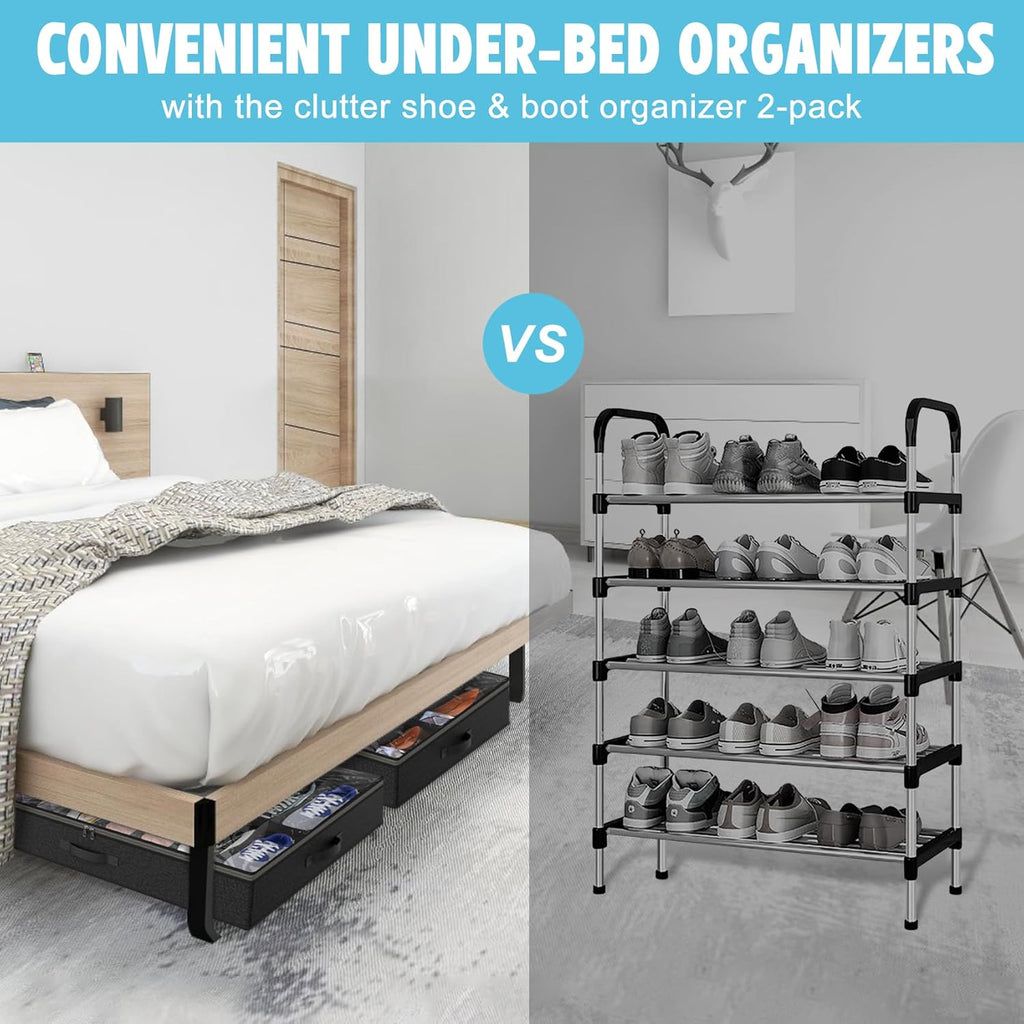 2 Pack Under Bed Shoe Storage Organizer for Closet, Fits Total 32 Pairs Foldable Underbed Shoes Containers Boxes Under the Bed Storage Bedding with Sturdy Handles&Clear Window for College Dorms, Black
