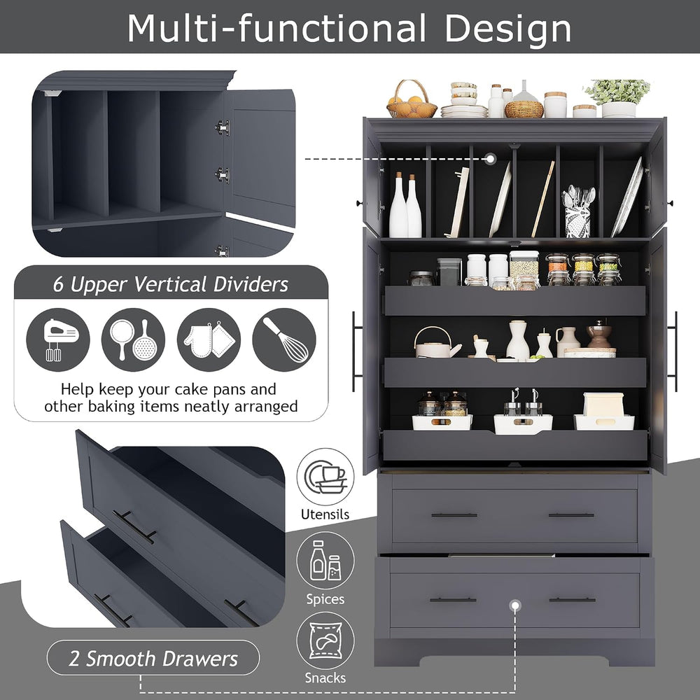 Farmhouse Freestanding Kitchen Pantry, 72.6''H Tall Wooden Kitchen St...