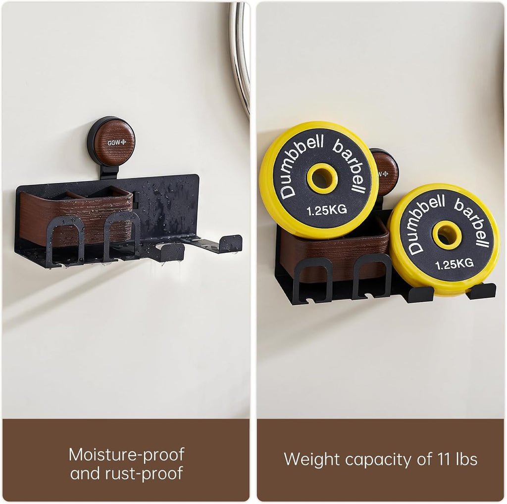 Hair Dryer Holder Wall Mount with Suction Cup, No-Drill Metal Blow Dryer Holder, Hair Accessories Tools Organizer Rack with 2 Toothbrush Hanger & Shelf, Walnut Finish for Bathroom