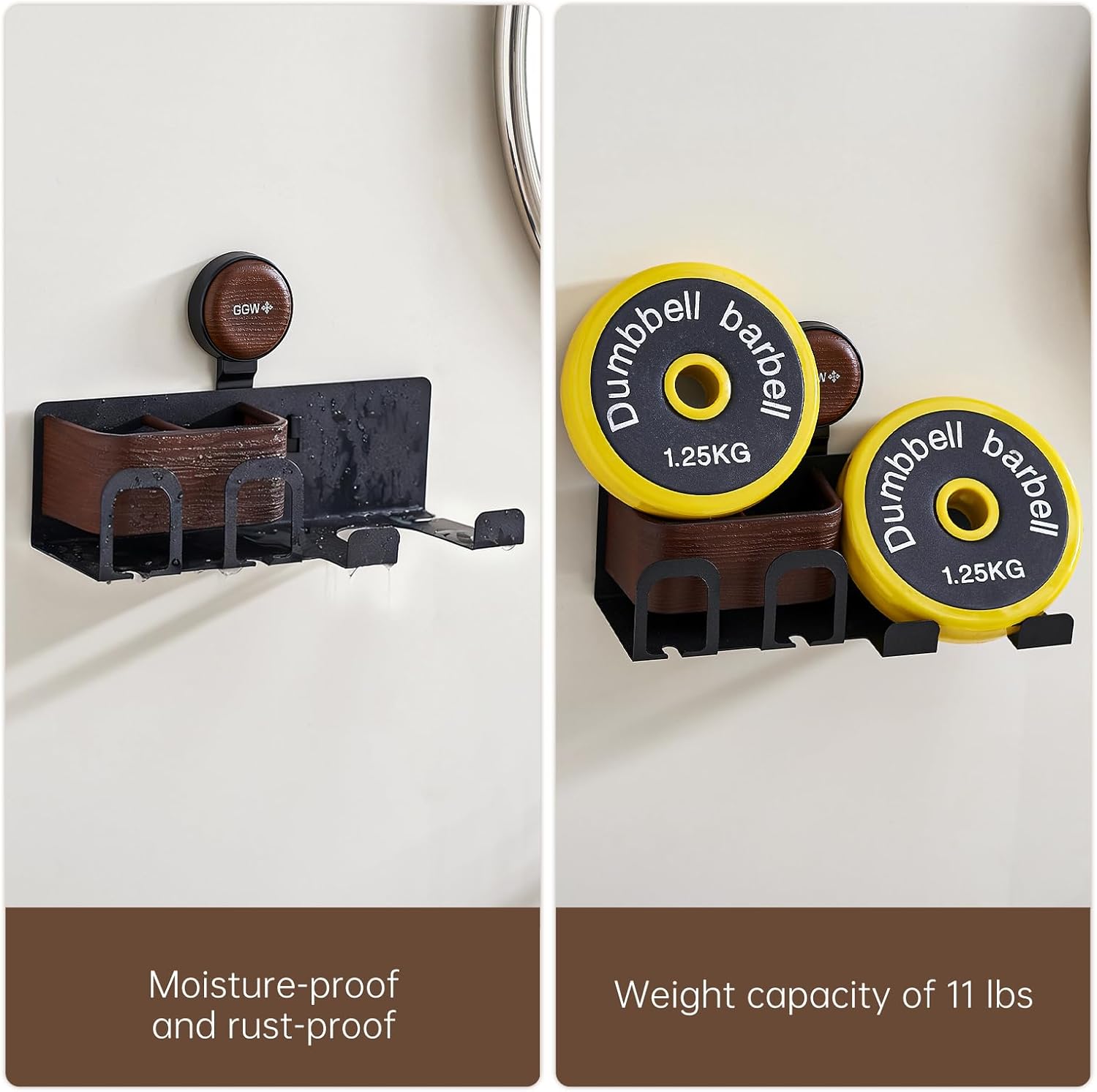 Hair Dryer Holder Wall Mount with Suction Cup, No-Drill Metal Blow Dryer Holder, Hair Accessories Tools Organizer Rack with 1 Toothbrush Hanger & Shelf, Walnut Finish for Bathroom