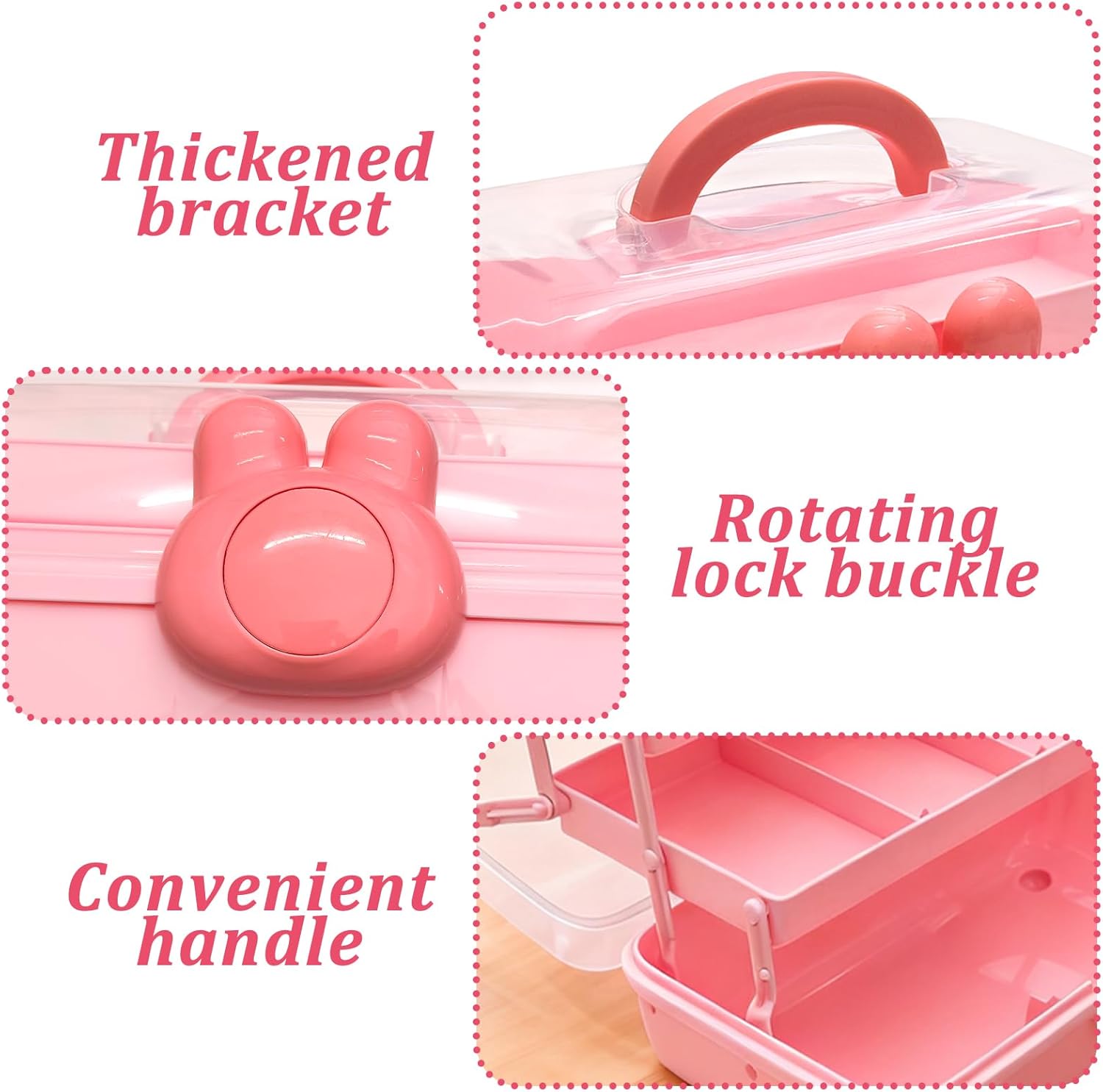 3-Tier Lockable Hair Accessories Organizer for Girls - Foldable Craft Storage Box Pink Plastic box with 2 Trays for Headbands, Art Supplies, Beads & Washi Tapes