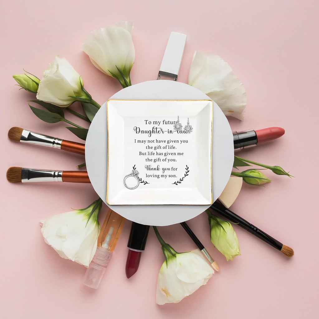 To My Future Daughter in Law Gifts, Daughter in Law Ceramic Ring Dish, Daughter in law Wedding Present from Mother In Law, Bonus Daughters Jewelry Holder for Birthday, Wedding, & Special Occasion