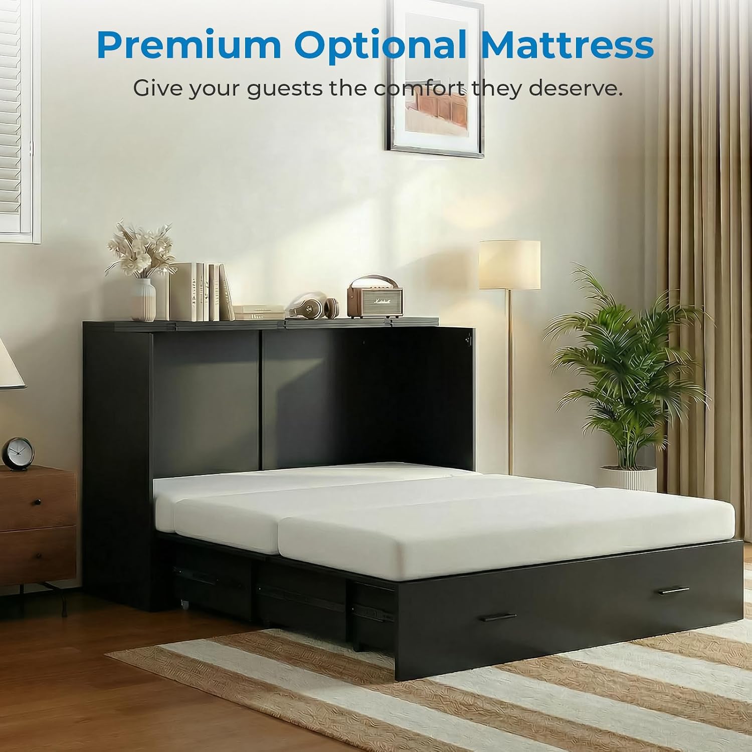 Mjkone 63.4" Width Queen Size Murphy Bed Cabinet with Tri-Folding Mattress Included, High Gloss MDF Storage Cabinet Guest Bed Chest Cabinets with 16 Colors of LED Lights for Home Offices, Black