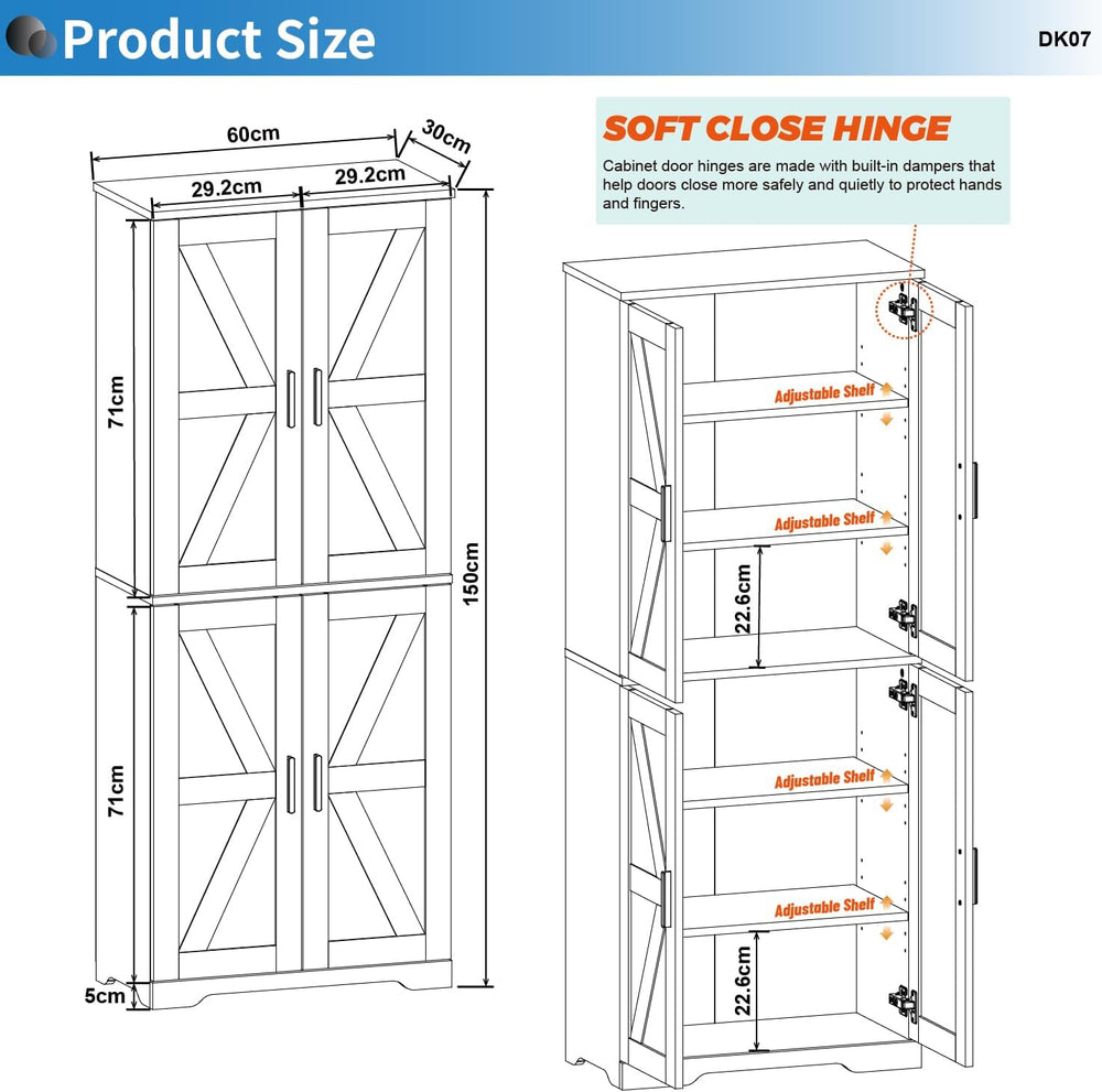 Farmhouse Storage Cabinet with 4 Door, Kitchen Pantry Storage with 4 Adjustab...