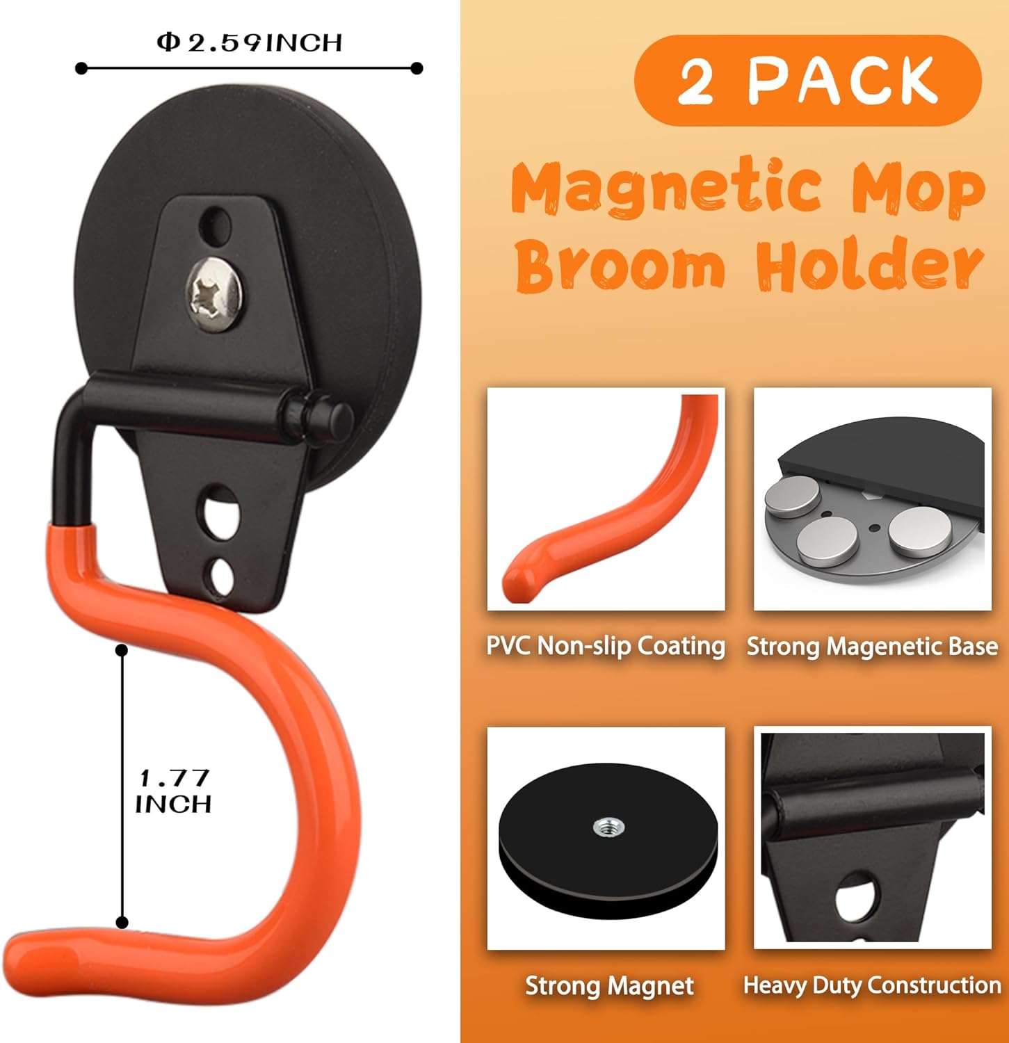ULIBERMAGNET Magnetic Mop Broom Holder,Heavy Duty Movable Magnetic Tools Holder,Anti-Slip Strong Metal Hooks Mop Shovel Hanger for Garage, Kitchen, Laundry, Garden(2 Pack/Orange)