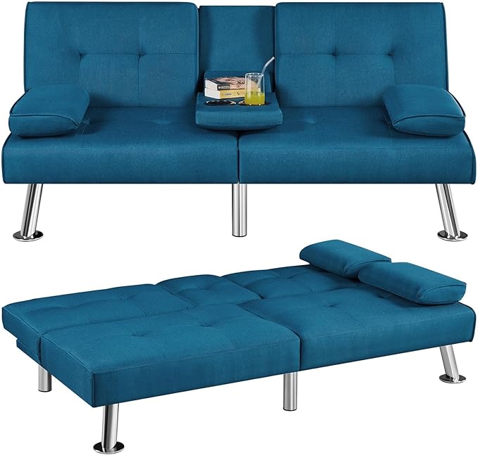 Yaheetech Convertible Sofa Bed Adjustable Fabric Couch Sleeper Modern Recliner Reversible Loveseat Folding Daybed Guest Bed, Removable Armrests, Cup Holders, 3 Angles, 772lb Capacity, Aqua Blue