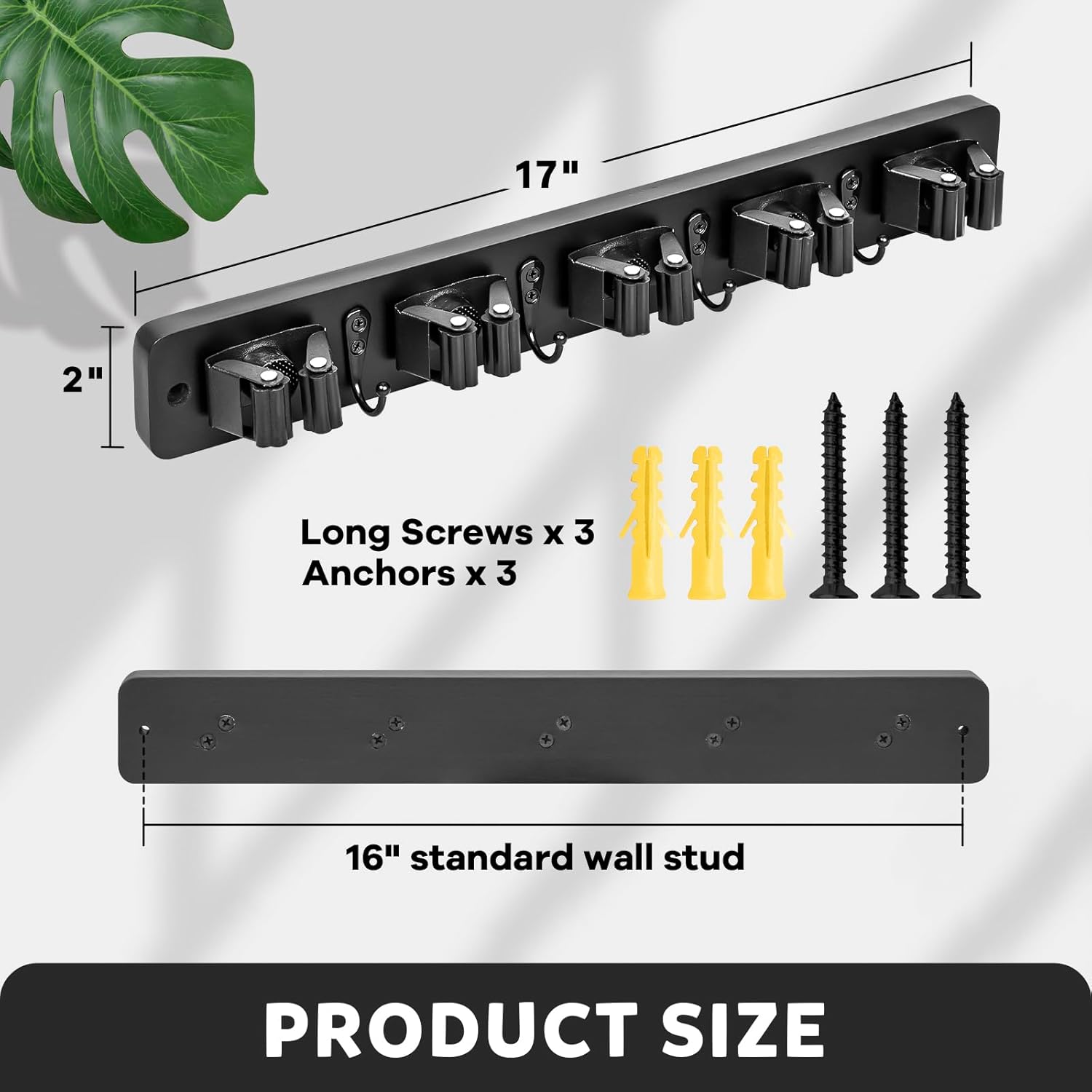 IMILLET Broom Holder Wall Mount, Wood Broom Holder with 5 Racks and 4 Hooks Broom Organizer, Laundry Room Organization and Storage, Mop Hanger for Home Organization, Garden, Garage, Closet (Black)