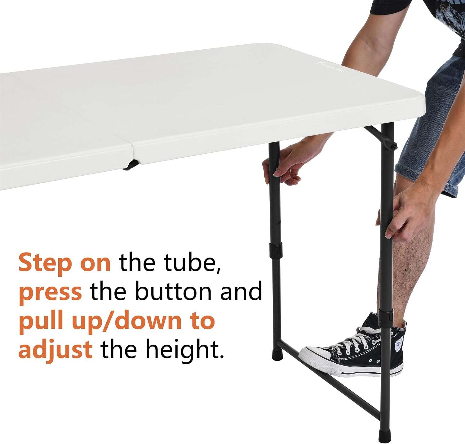Amazon Basics Portable 4 Foot Rectangular Folding Dining Table, 4 Adjustable Height Settings, Carrying Handle, Indoor & Outdoor, Sturdy for Events, White, 47.8 x 23.9 x 33.9 in