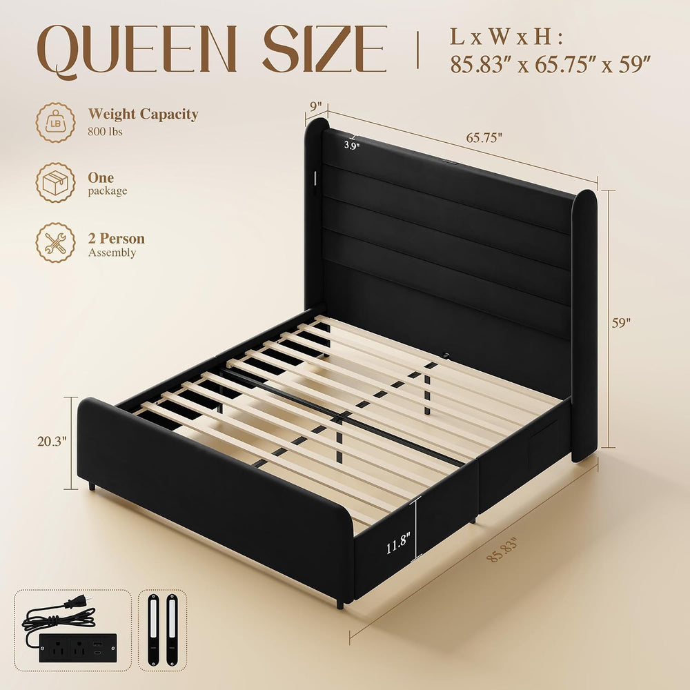 Queen Size Bed Frame with 59'' Tall Headboard with Readlight, Black