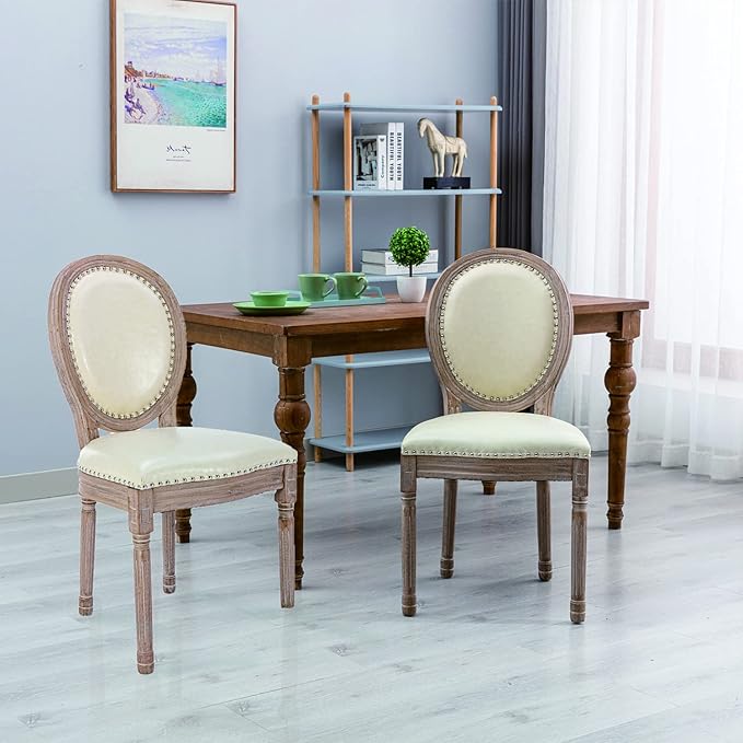 Nrizc French Country Dining Chairs Set of 2, Leather Farmhouse Dining Room Chairs with Round Back, Solid Wood Legs, Oval Side Chairs for Kitchen/Bedroom/Dining Room
