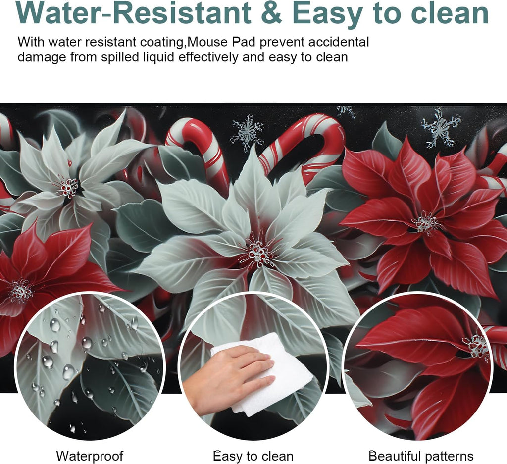 Christmas Flowers Gaming Mouse Pad 35.4"x15.7"Desk Mat Anti-Slip Rubber Base & Durable Stitched Edges for Gamers Smooth Mouse Writing Surface for Desk Office/Home