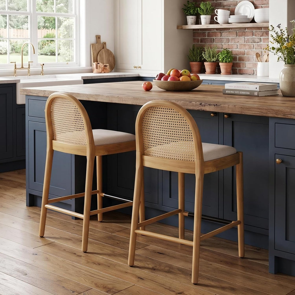 HEAH-YO Rattan Bar Stools Set of 2, 26 Inch Wood Counter Stools with Bakcrest...