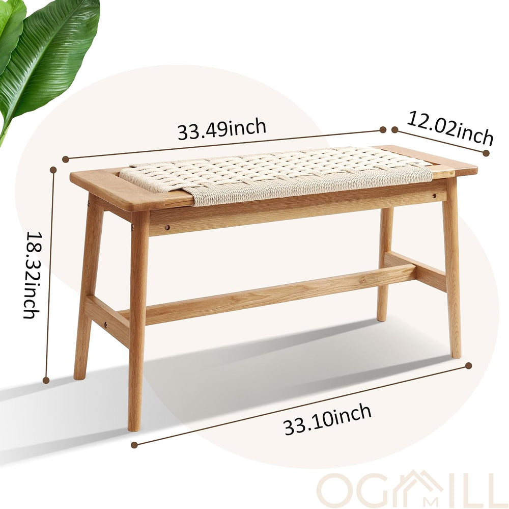 OGMILL 33.5" L Wood Dining Bench Indoor, 100% Natural Solid Oak Bed Benc...