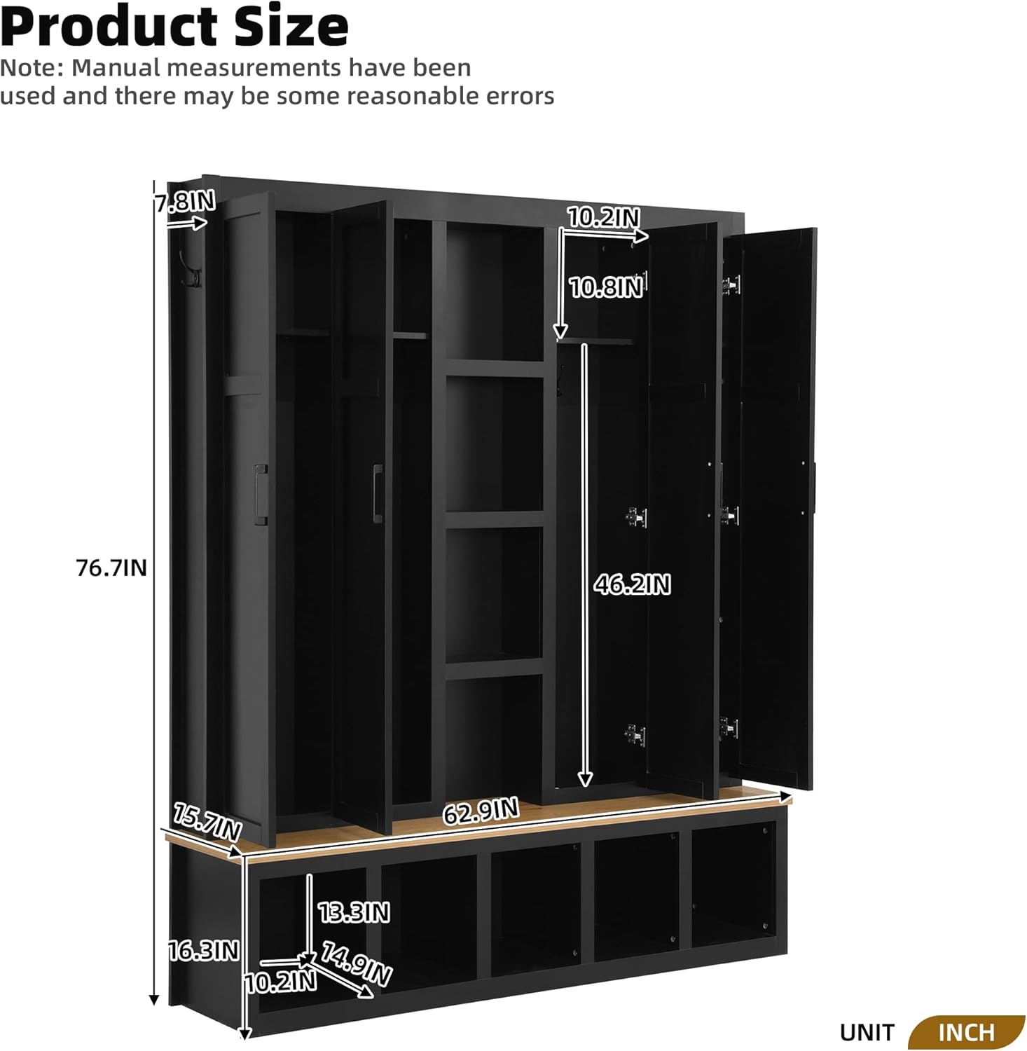 Modern 63'' Wide Hall Tree with 6 Hidden Hanging Hooks, Brown Wood Grain Minimalist Shoe Cabinet with Open Compartments, Entryway Coat Rack for Living Room Hallway (Black-4.23)