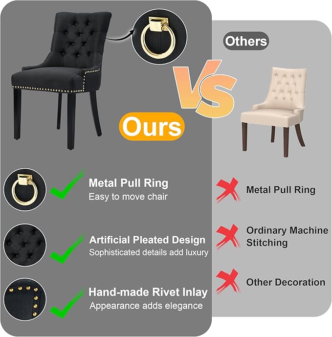 Modern Leisure Linen Dining Chairs Set of 6, Upholstered Dining Chair with Solid Wood Legs, Mid-Century Dining Room Chairs with Pull Ring and Tufted Backrest, Black
