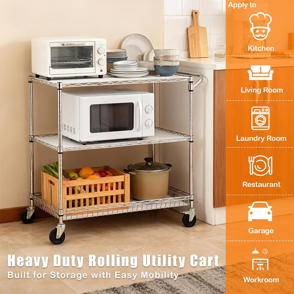 3-Tier Rolling Cart, Utility Metal Wire Cart, 30" D x 18" W x 35&qu...
