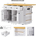 Rolling Kitchen Island with Drop Leaf & Power Outlet, Large Kitchen Islands Cart on Wheels, Movable Kitchen Island with 5 Open Storage Shelves & Towel Rack for Kitchen, Dining Room, 53-Inch, White