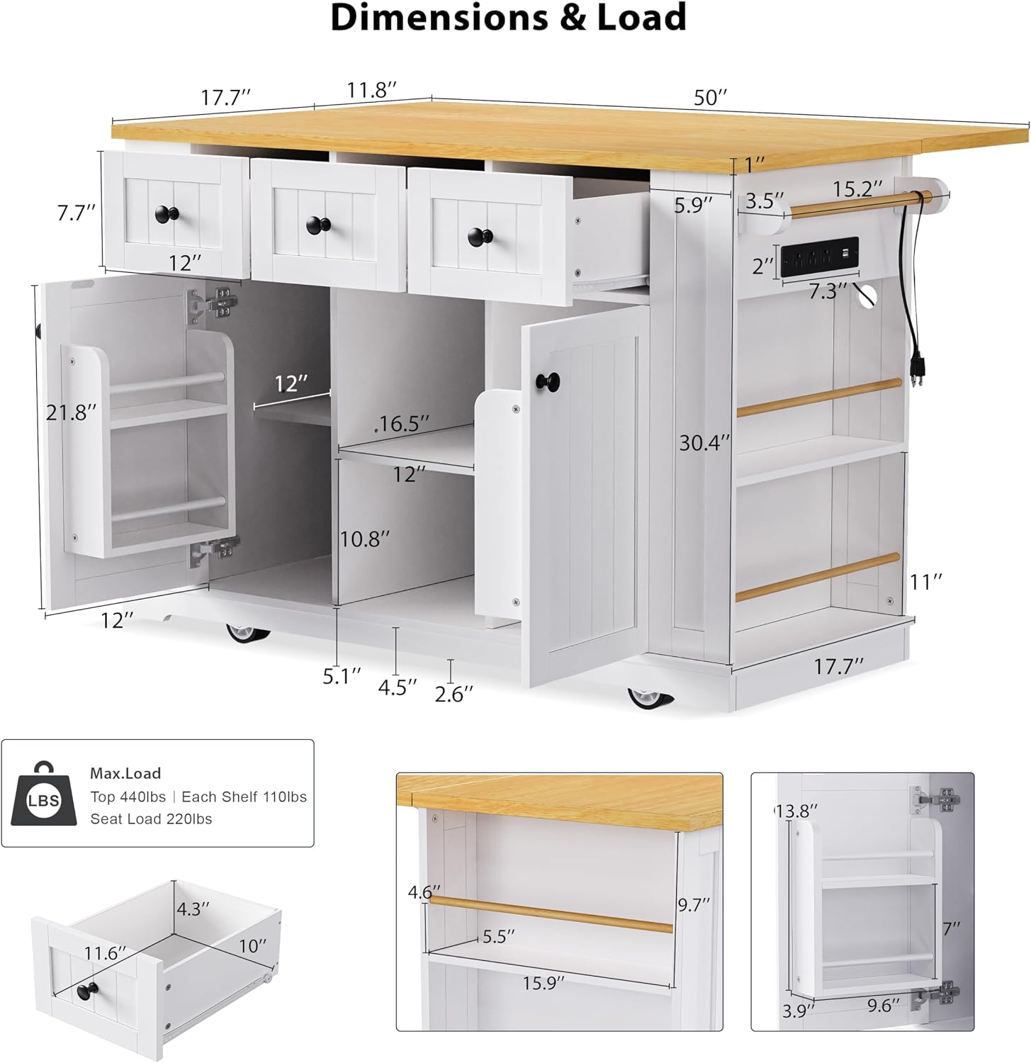 Rolling Kitchen Island with Drop Leaf & Power Outlet, Large Kitchen Islands Cart on Wheels, Movable Kitchen Island with 5 Open Storage Shelves & Towel Rack for Kitchen, Dining Room, 53-Inch, White