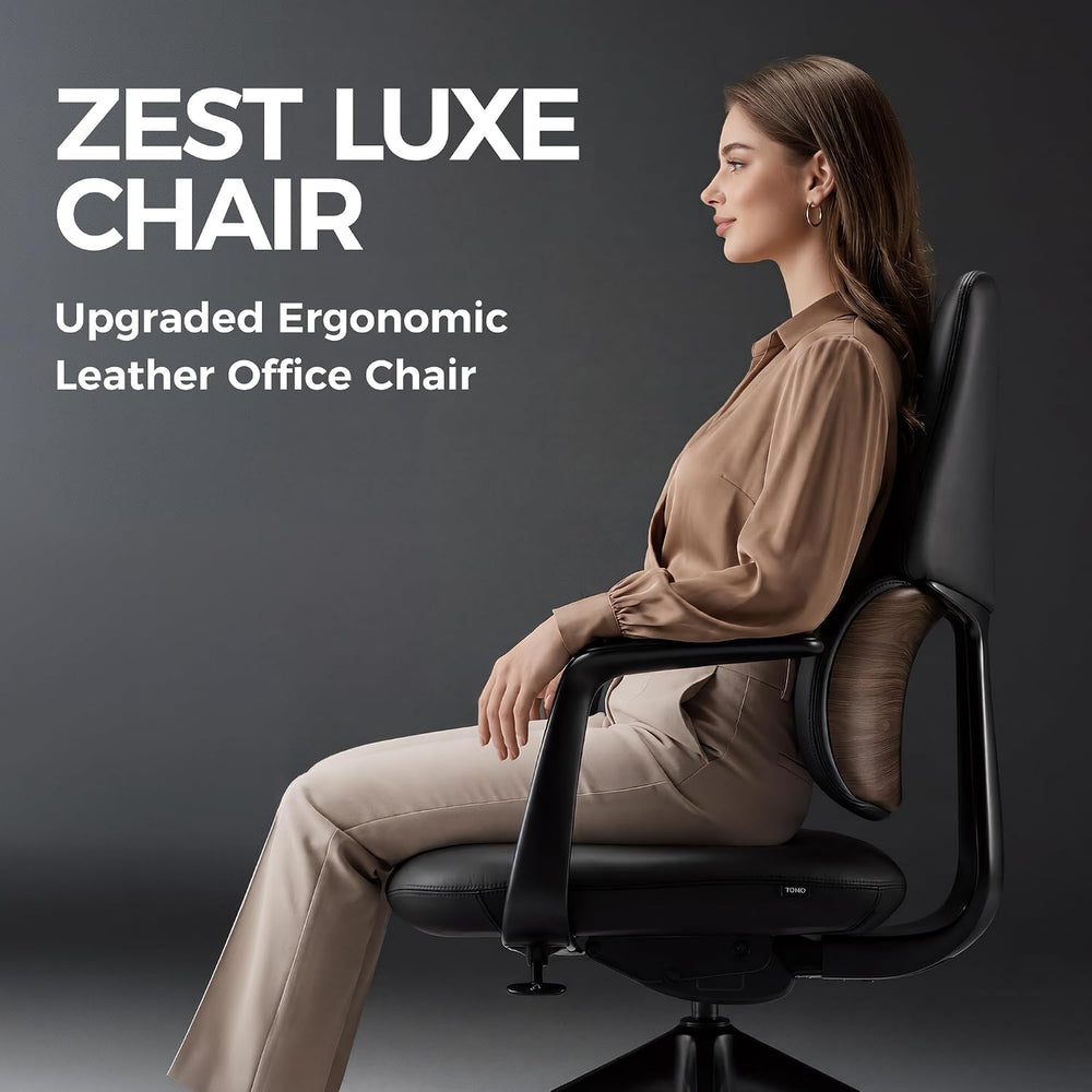 TOMU Genuine Leather Office Desk Chair, Ergonomic Leather Office Chair Mid Ba...