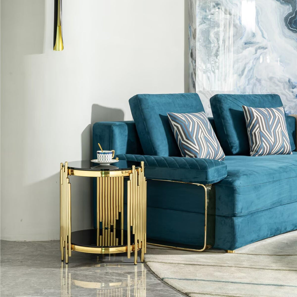 17.72" Round Glass End Table Black, Modern Gold Living Room Table with S...