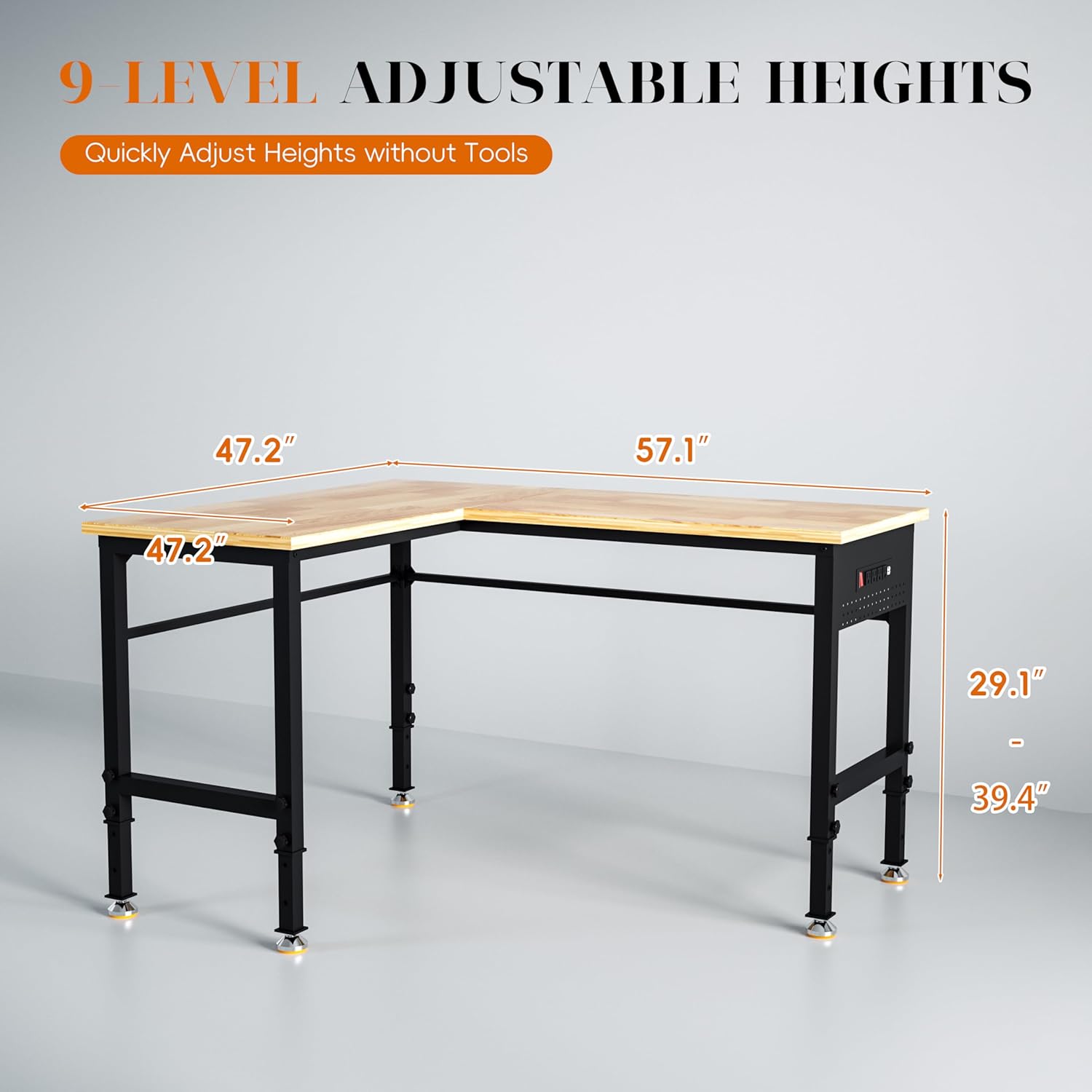 Betterhood 48"/60" Heavy-Duty Adjustable Workbench for Garage, Rubber Wood Shop Table,Hardwood Workstation Weight Capacity Over 1500 Lbs (L Shape/Rubber Pad/Power Outlets/Ruler/57.1" x47.2)