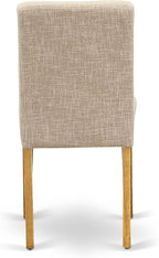 East West Furniture AMAB3-OAK-04 3 Piece Dining Set Contains a Round Kitchen Table with Pedestal and 2 Light Tan Linen Fabric Parson Dining Room Chairs, 36x36 Inch, Oak